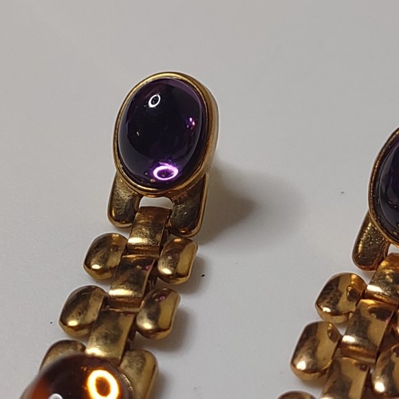Purple Orange And Gold Tone Link Dangle Earrings - Picture 6 of 15